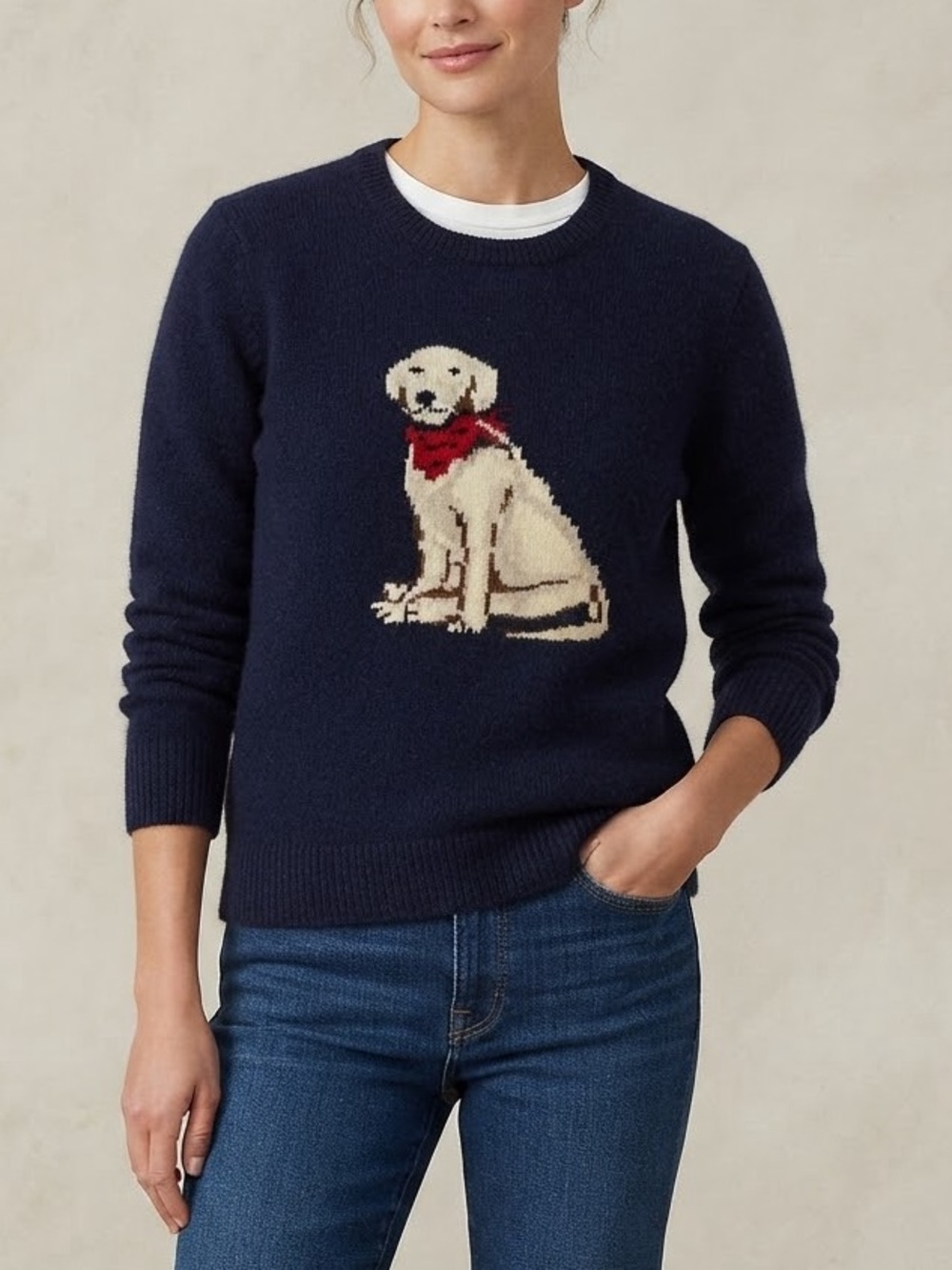 Simons Women’s Navy Dog Intarsia Winter Wool Crewneck Sweater Size Medium